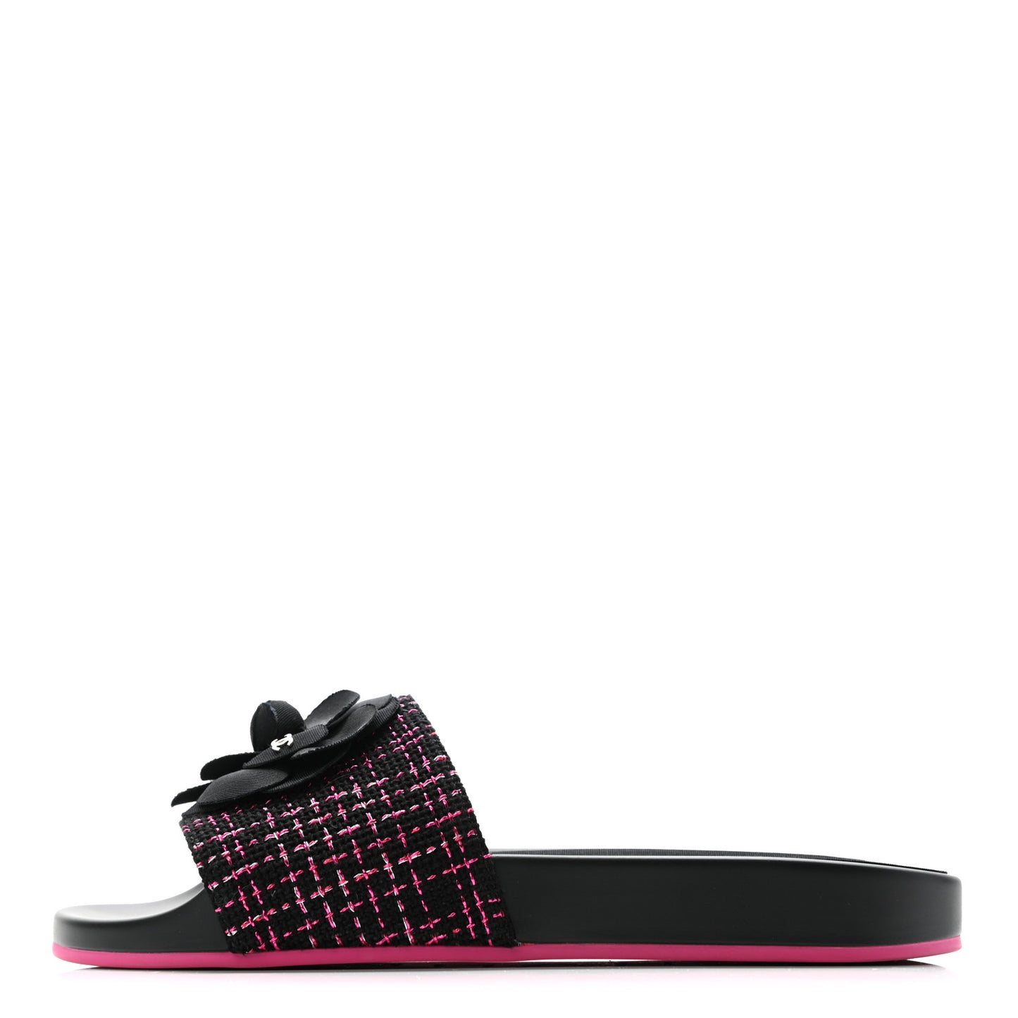 Tweed Grosgrain Camellia CC Flat Mules 40 Black Pink