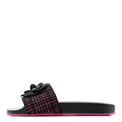 Chanel Tweed Grosgrain Camellia CC Flat Mules 40 Black Pink 1 of 11