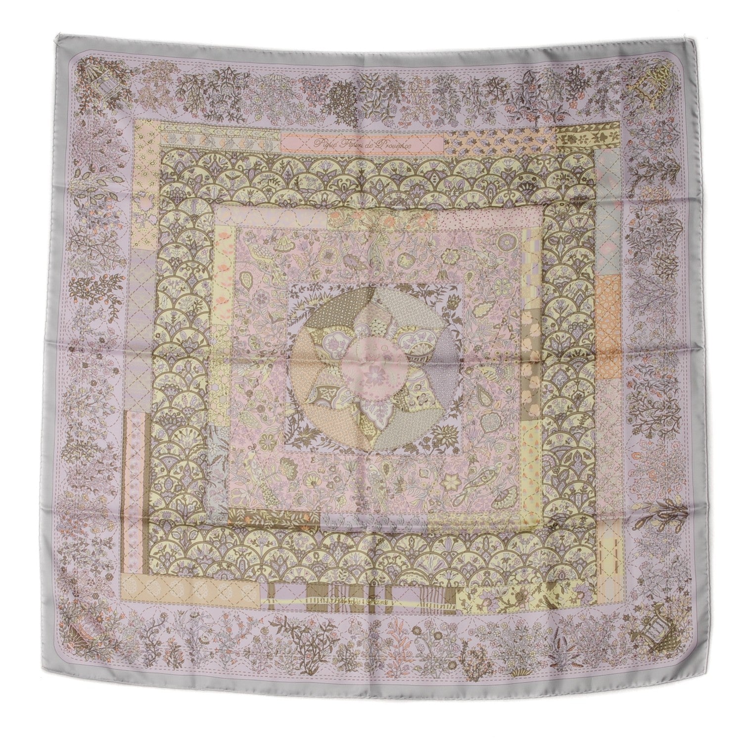 Hermes Silk Pique Fleuri de Provence Scarf 90 Gris Perle Lilac Rose Poudre 2 of 8
