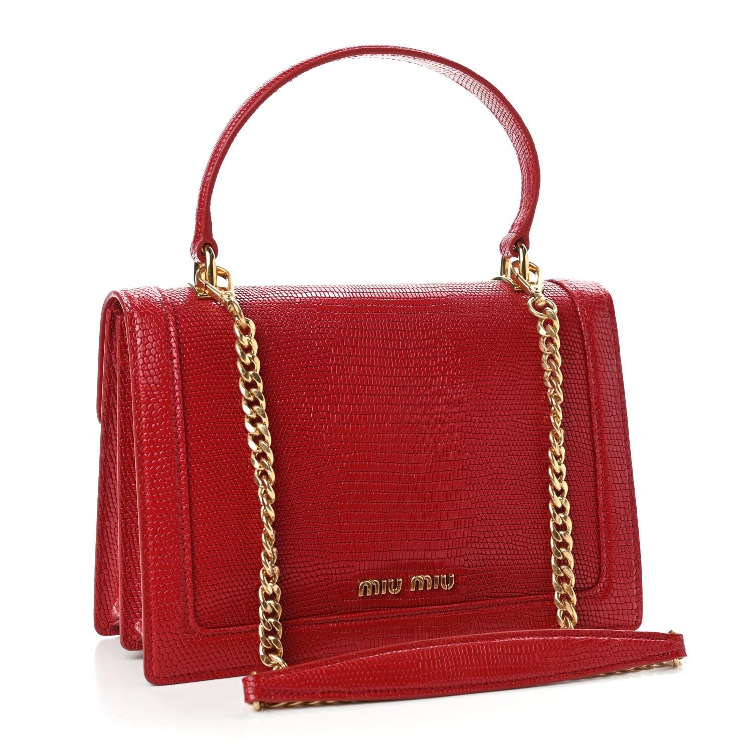 Miu Miu Calfskin Lizard Embossed Top Handle Bag Red 2 of 4