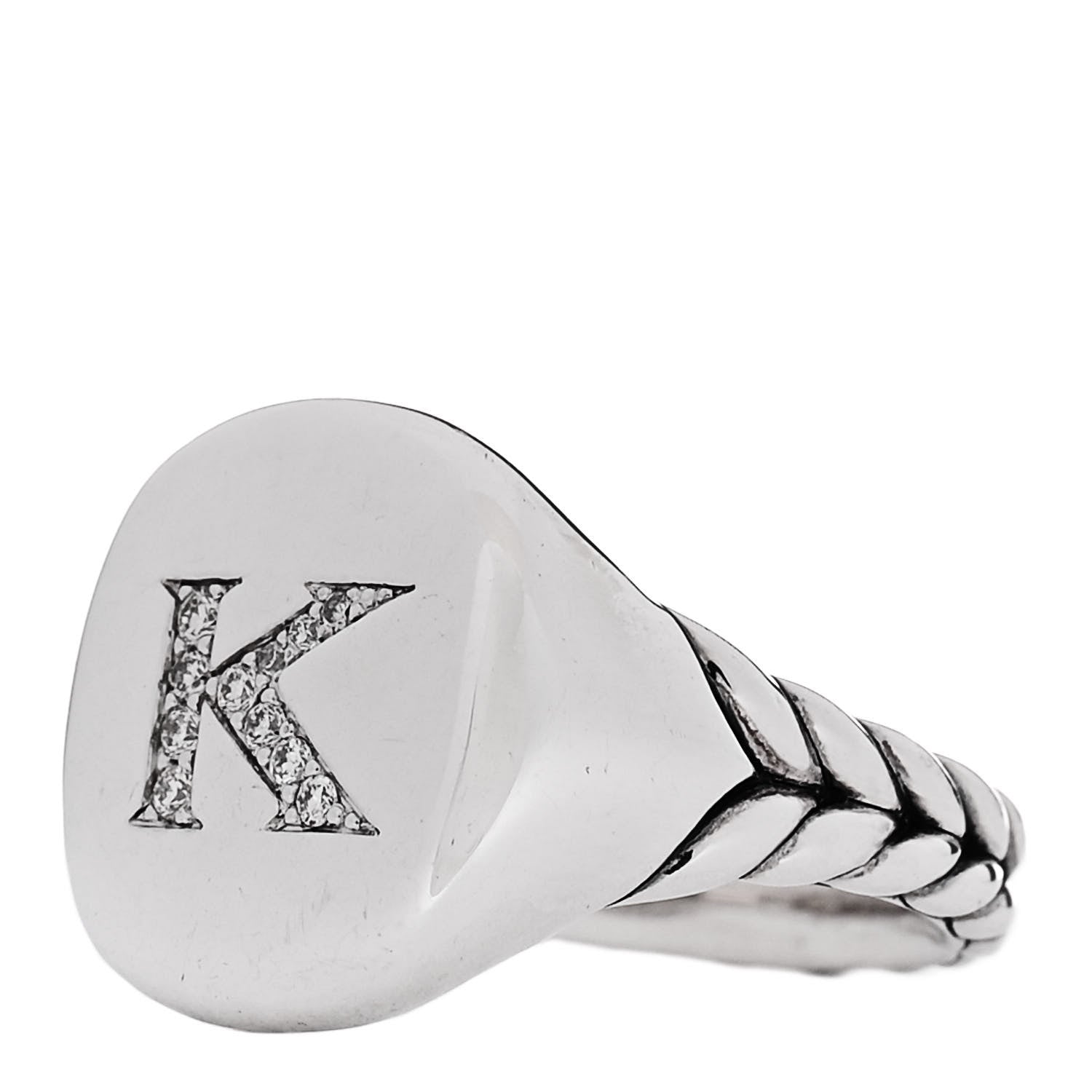 David Yurman Sterling Silver Diamond 14mm Initial K Pinky Ring 49 5 3 of 6