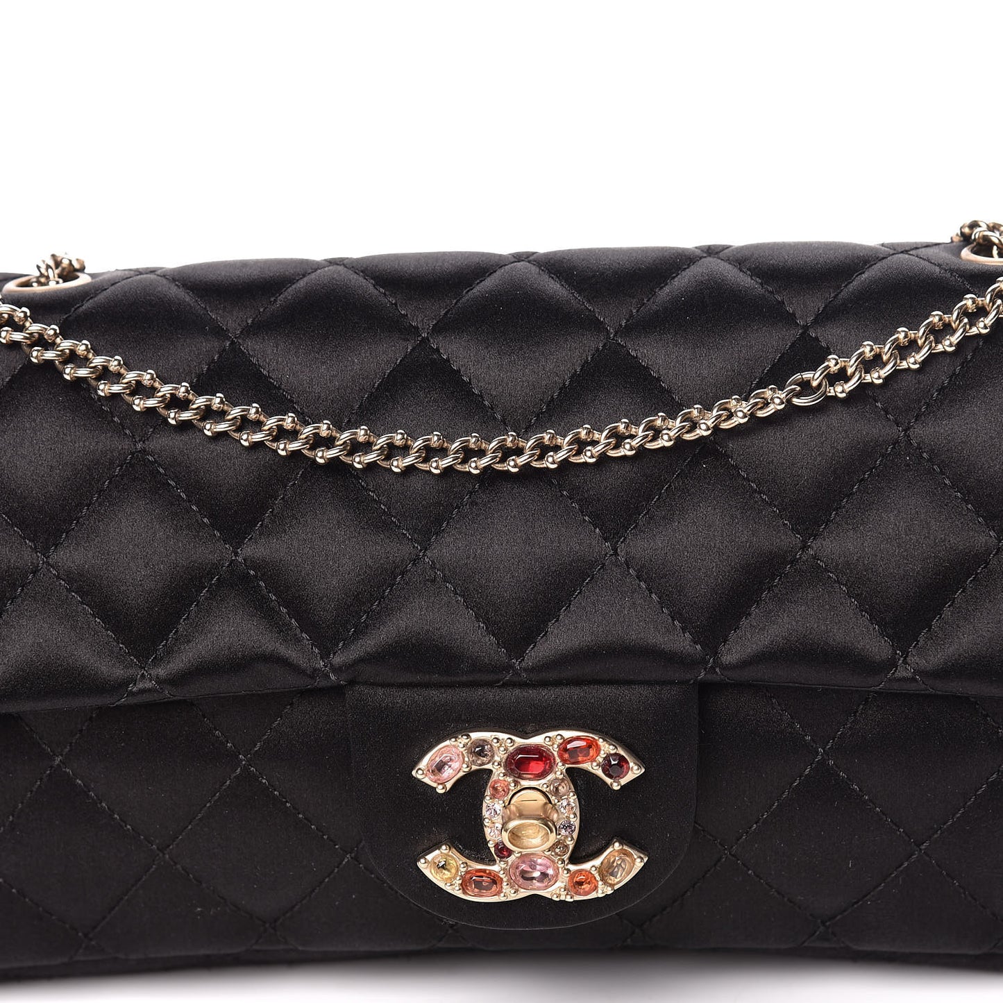 Satin Quilted Jeweled East West Flap Black