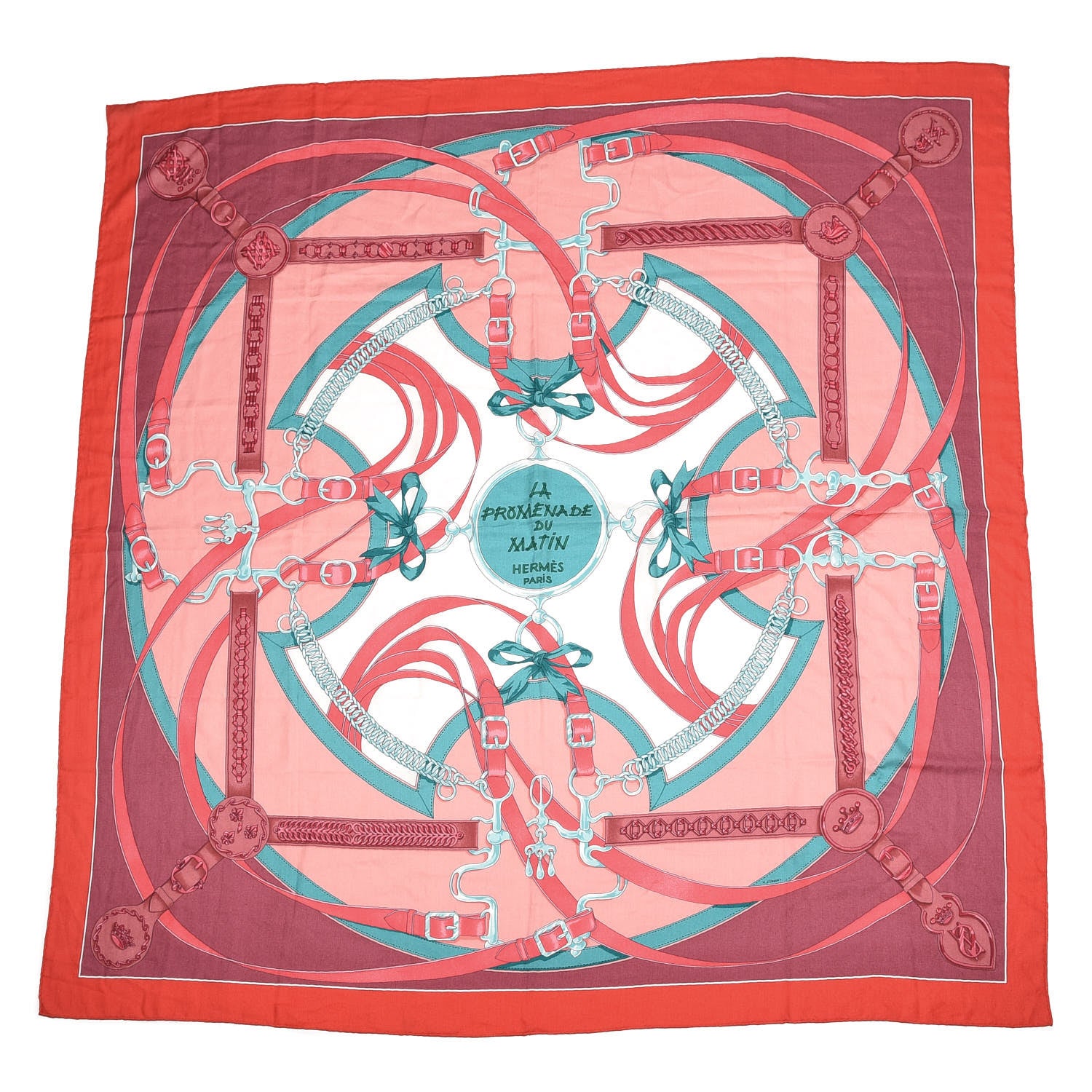 Hermes Cashmere Silk La Promenade Du Matin Shawl 140 Coral Menthol Vieux Rose 1 of 6