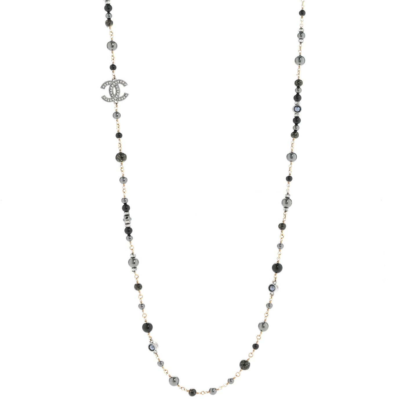 Pearl Bead Crystal CC Long Necklace Black Gold