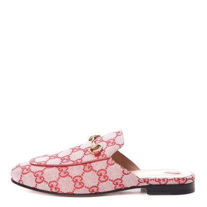 Gucci Canvas GG Monogram Horsebit Womens Princetown Slippers 37 Gardenia Hibiscus Red 1 of 10
