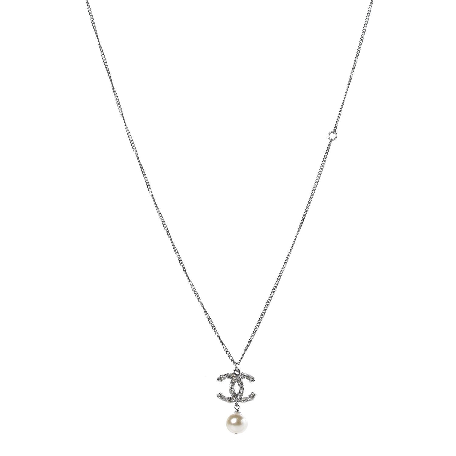 Chanel Crystal Pearl Twisted CC Drop Necklace Silver 1 of 6