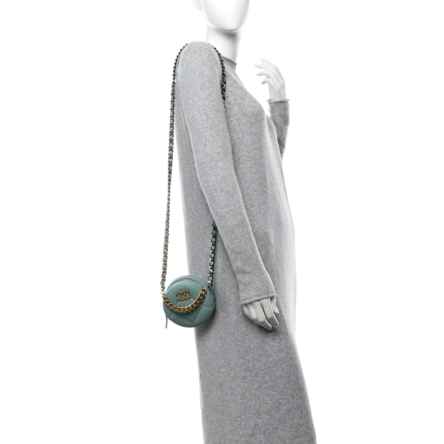 Goatskin Quilted Chanel 19 Round Clutch With Chain Light Blue