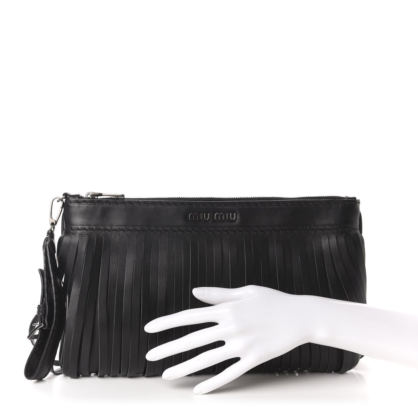 Calfskin Fringe Wrislet Pochette Black