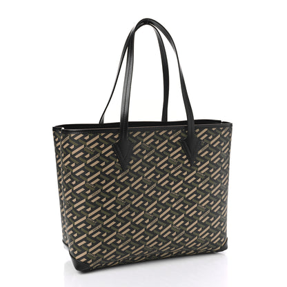 Versace Coated Canvas Calfskin La Greca Signature Shopper Tote Bag Black Khaki 3 of 8