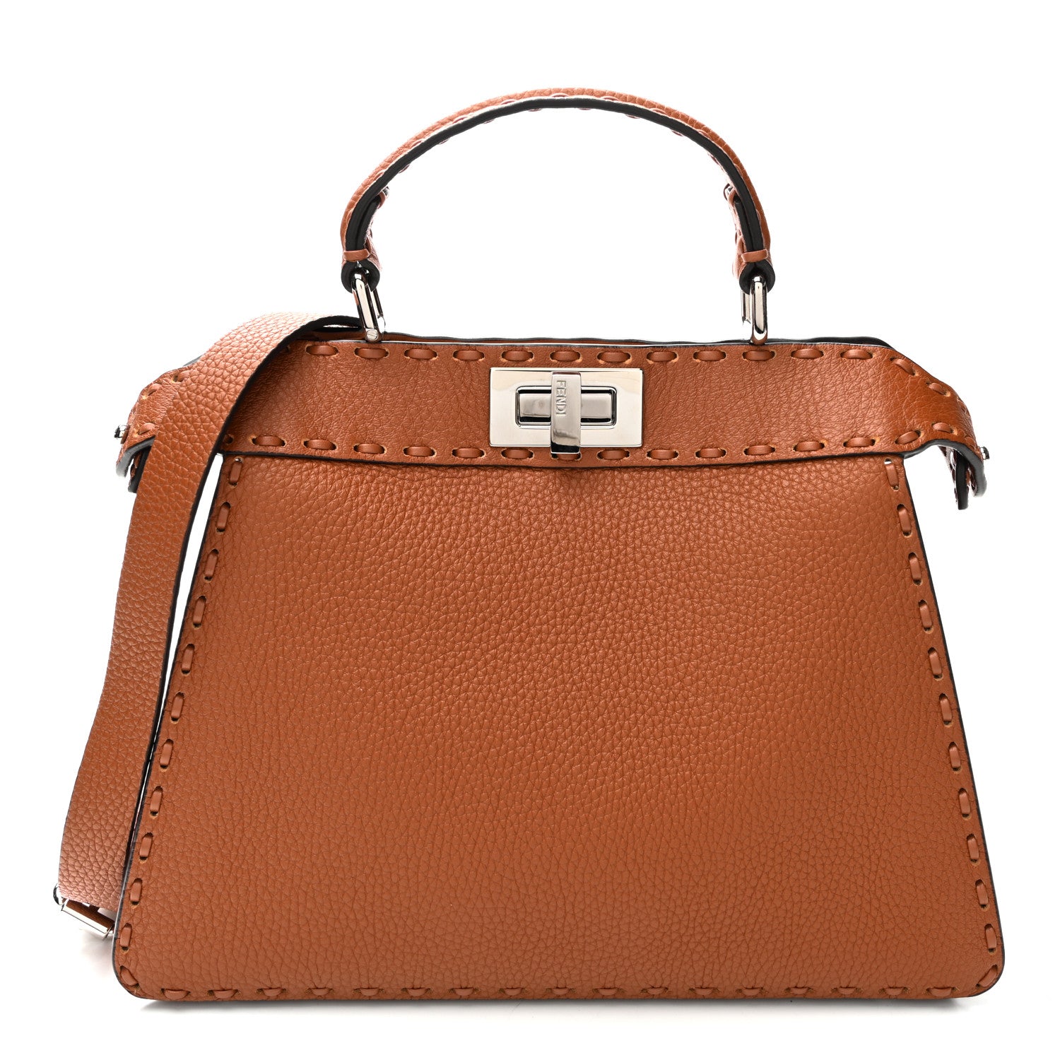 Fendi Cuoio Roma Sellerissima Nappa Sintetica Tape Stitch Small Peekaboo I SEE U Satchel Brandy 1 of 10