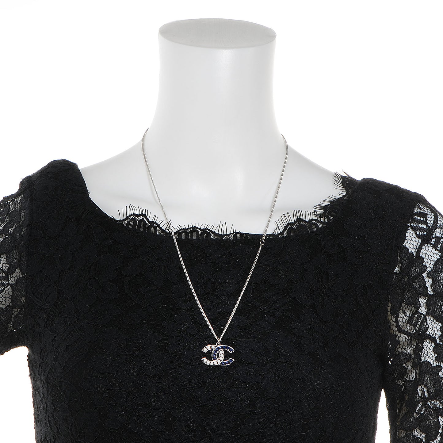 Pearl Beaded CC Necklace Silver White Blue
