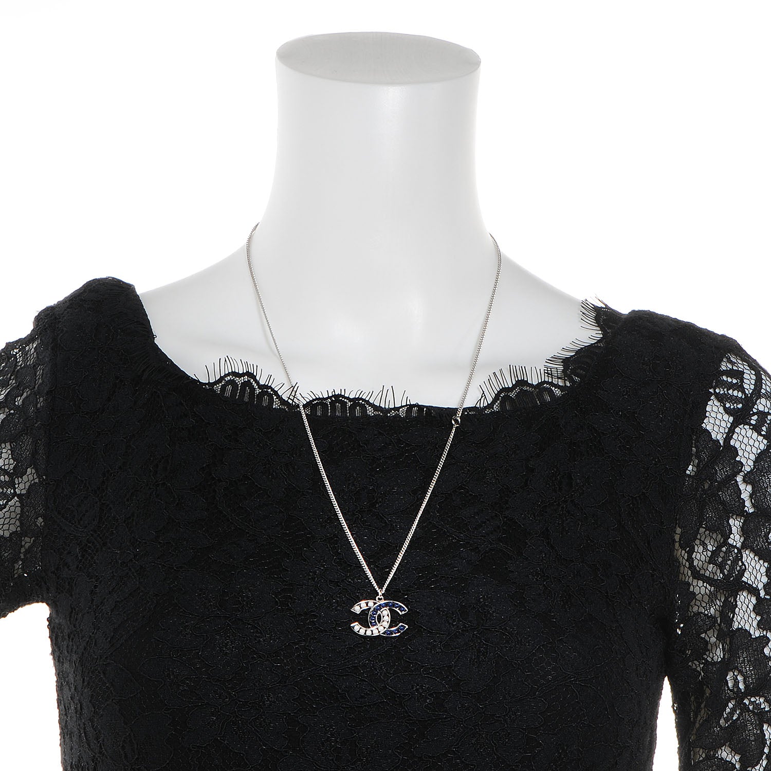 Chanel Pearl Beaded CC Necklace Silver White Blue 2 of 4