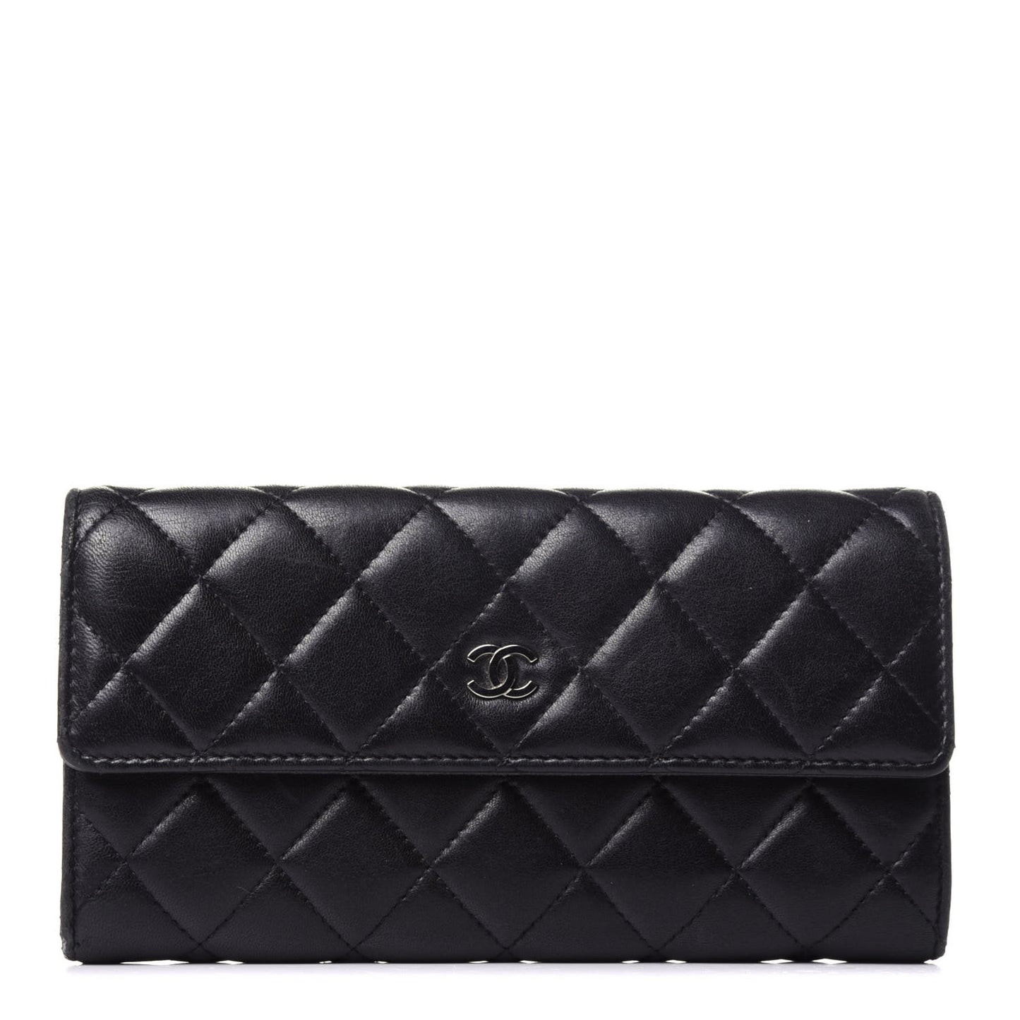 Lambskin Quilted Large Gusset Flap Wallet Black