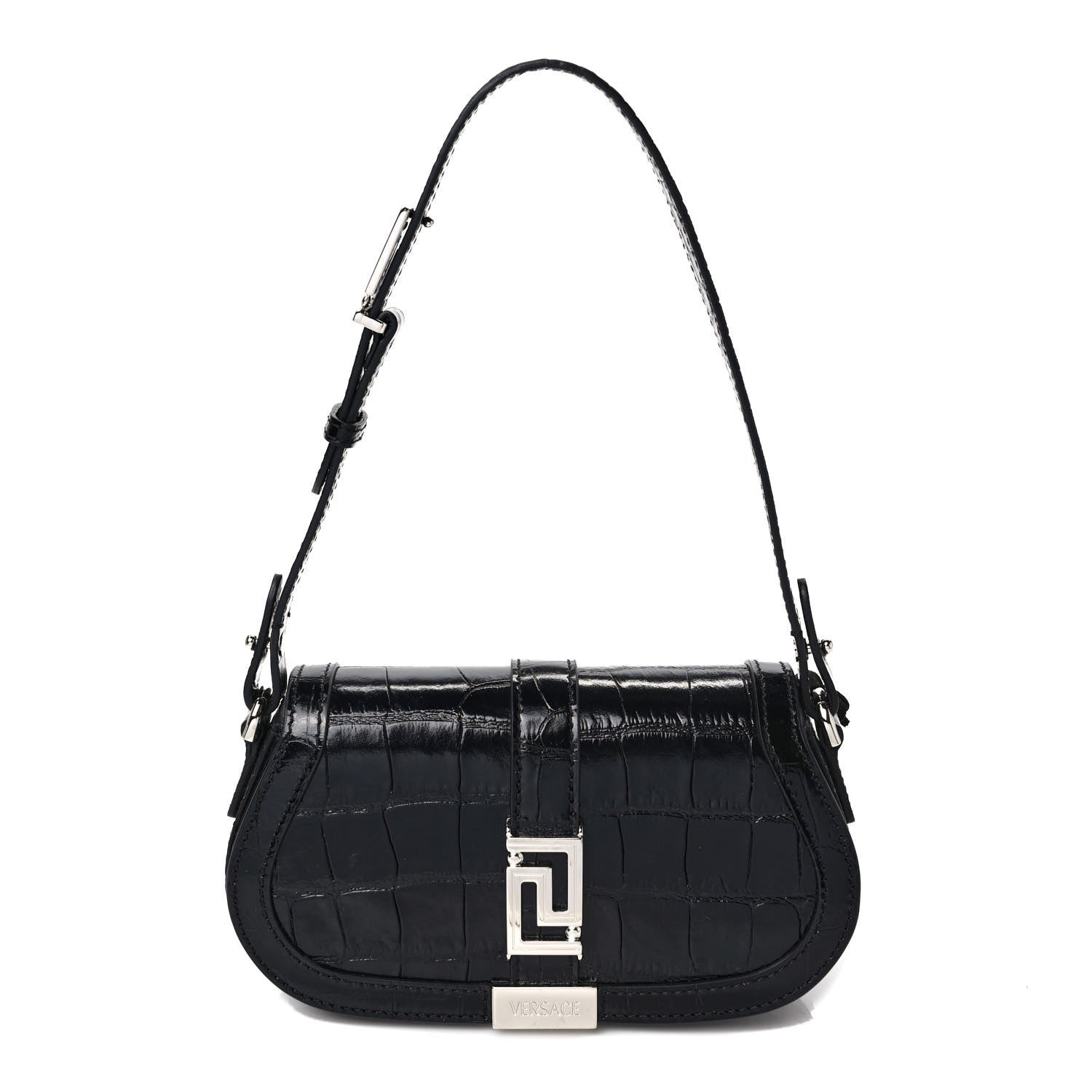 Versace Calfskin Crocodile Embossed Greca Goddess Mini Shoulder Bag Black 1 of 9