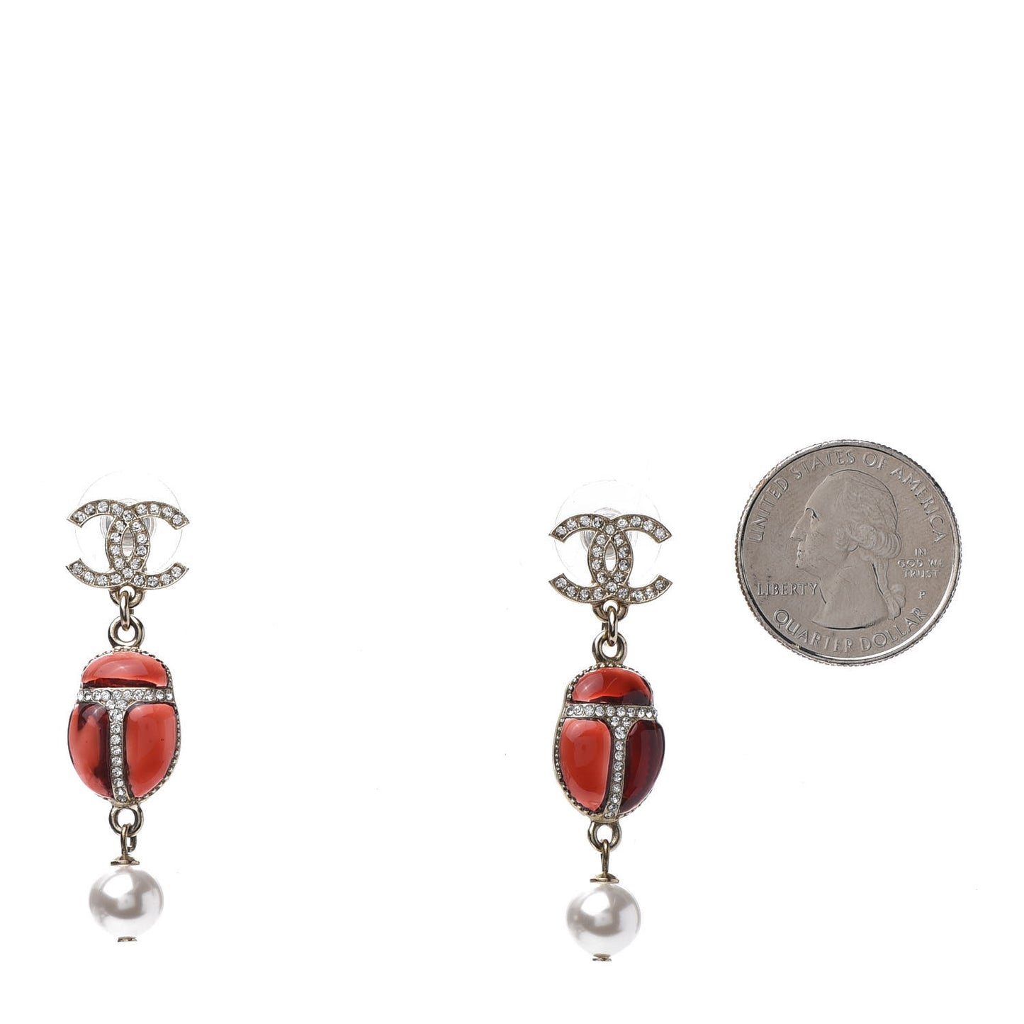 Crystal Pearl CC Drop Earrings Gold Red