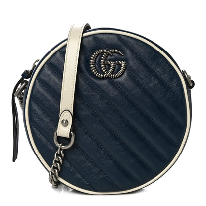 Gucci Azalea Calfskin Matelasse Diagonal Mini Torchon GG Marmont Round Shoulder Bag Blue Agata Mystic White 1 of 12