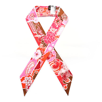 Hermes Silk Bingata Twilly Fuchsia Corail Brun 1 of 3