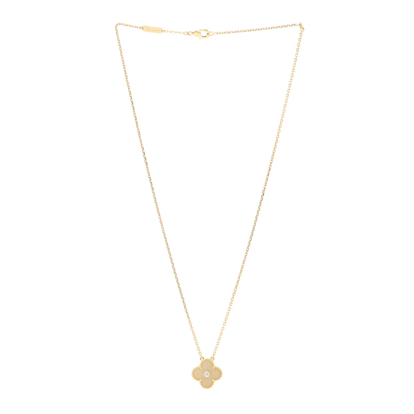 18K Yellow Gold Diamond Yellow Mother of Pearl Vintage Alhambra Pendant Necklace