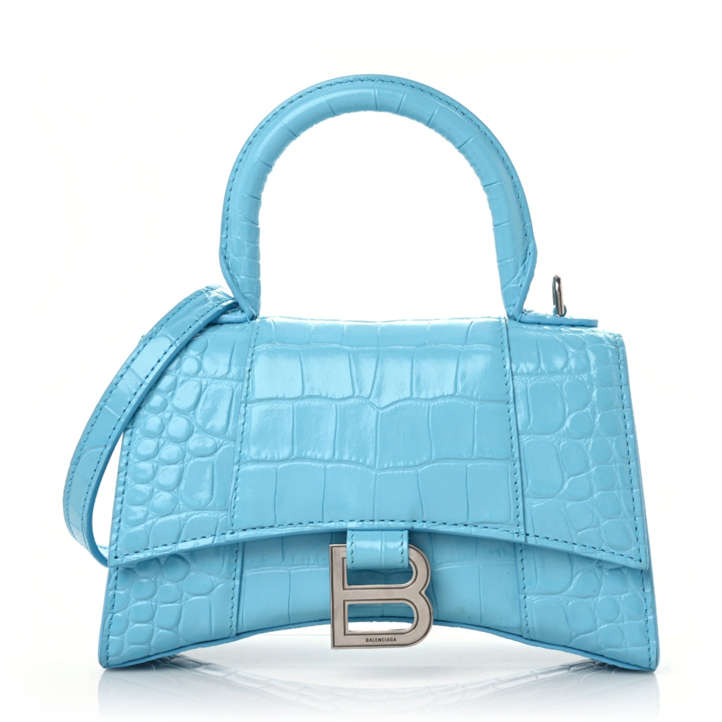 Shiny Calfskin Crocodile Embossed Hourglass Top Handle Bag XS Azur