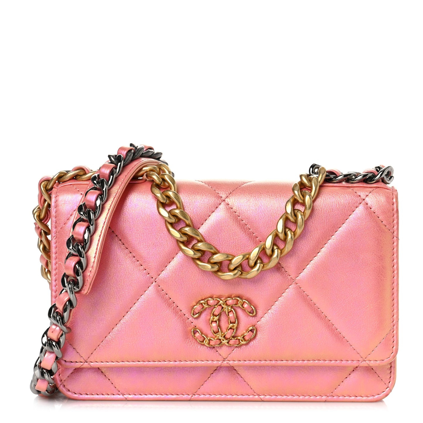 Iridescent Calfskin Quilted Chanel 19 Wallet On Chain WOC Pink