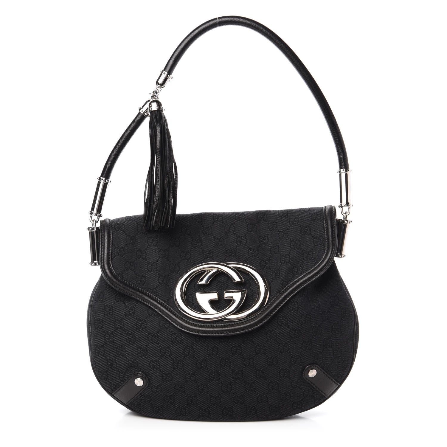 Gucci Denim Monogram Britt Tassel Shoulder Bag Black 1 of 10