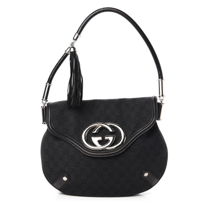 Gucci Denim Monogram Britt Tassel Shoulder Bag Black 1 of 10