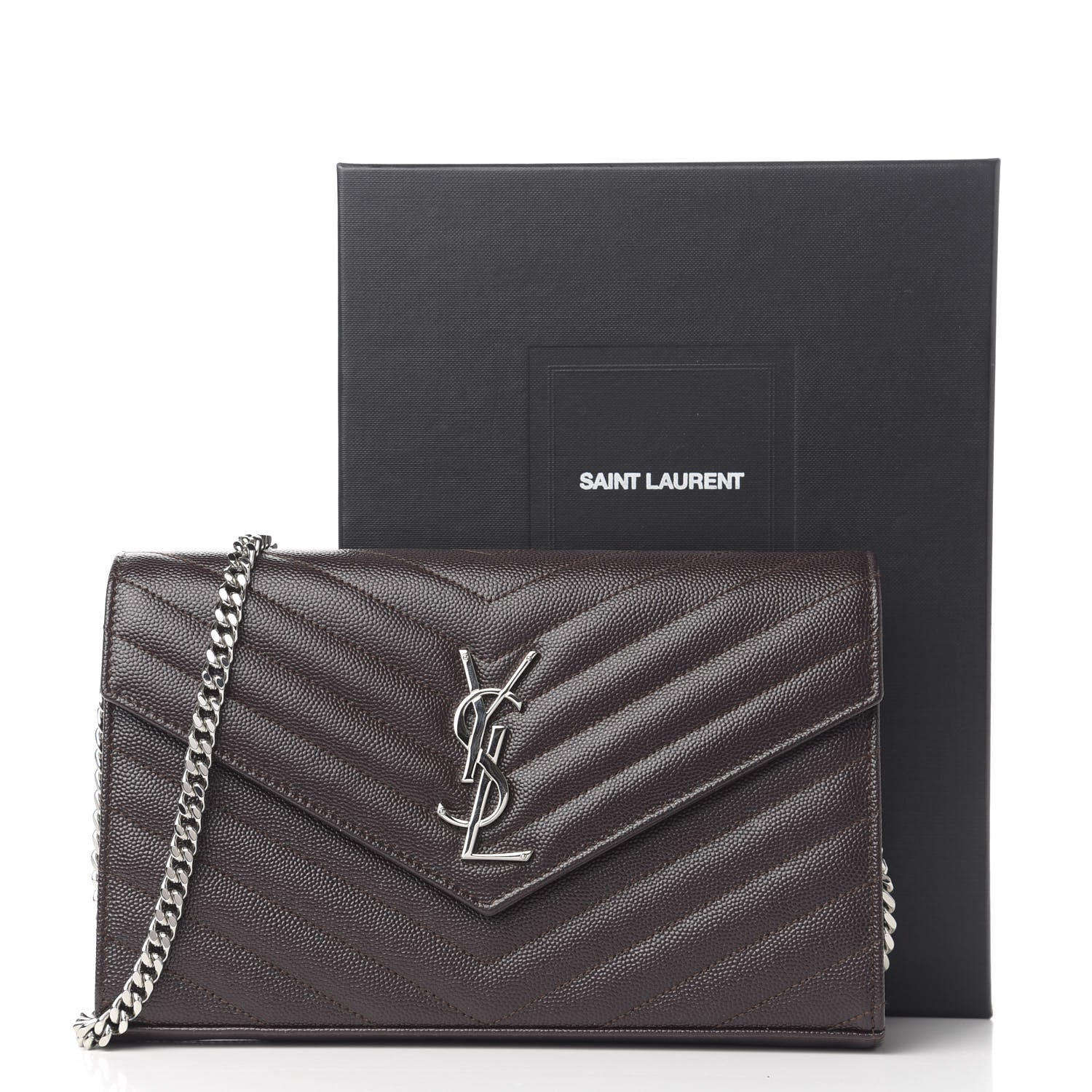 Saint Laurent Grain De Poudre Matelasse Chevron Monogram Chain Wallet Dark Brown 10 of 10