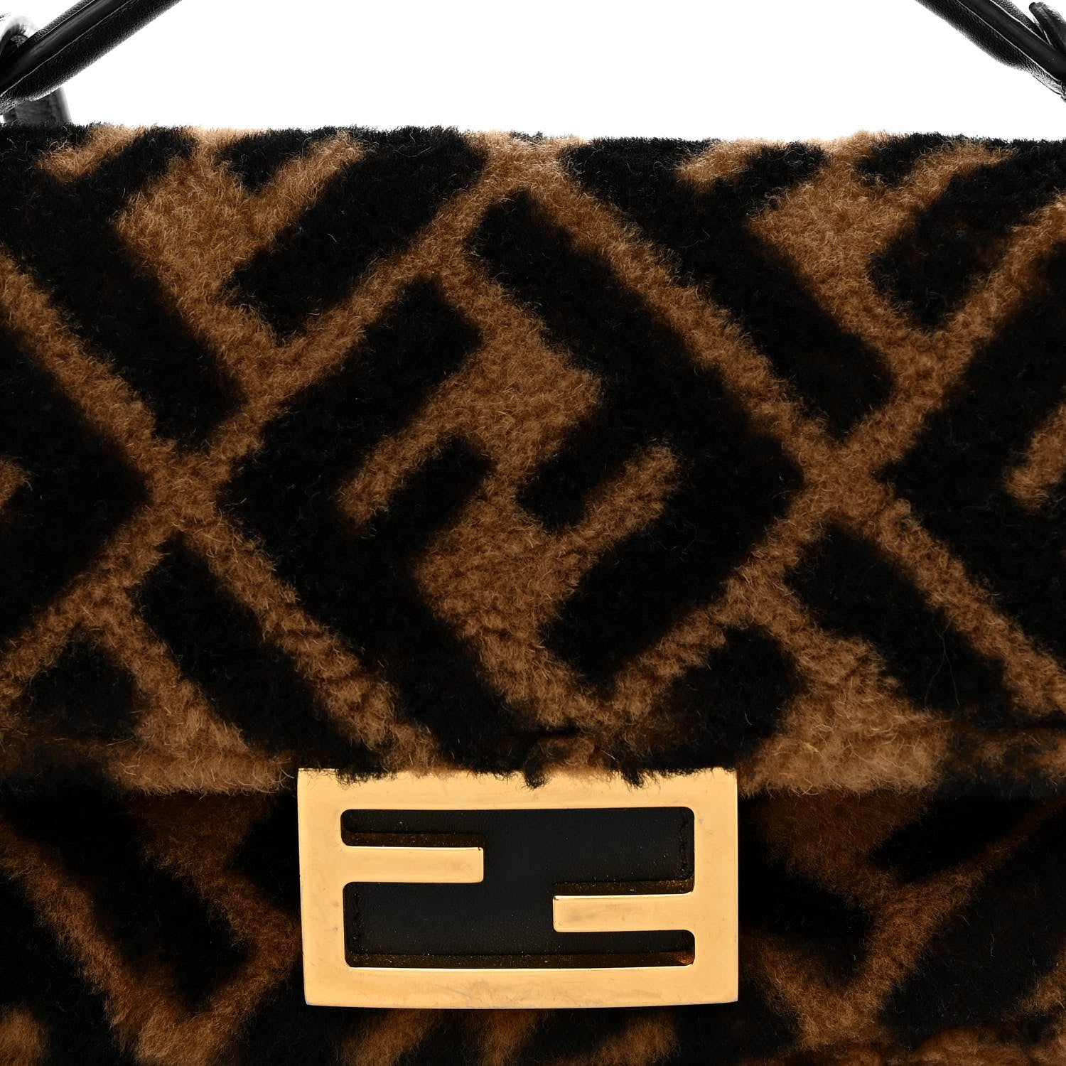 Fendi Shearling Vitello Dolce Macro FF 1974 Mini Baguette Tobacco Black 9 of 12