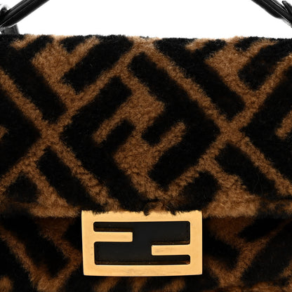Fendi Shearling Vitello Dolce Macro FF 1974 Mini Baguette Tobacco Black 9 of 12