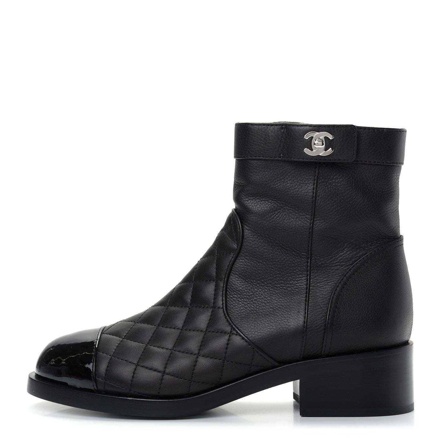 Chanel Calfskin Patent Quilted Cap Toe Short Boots 39.5 Black 1 of 11