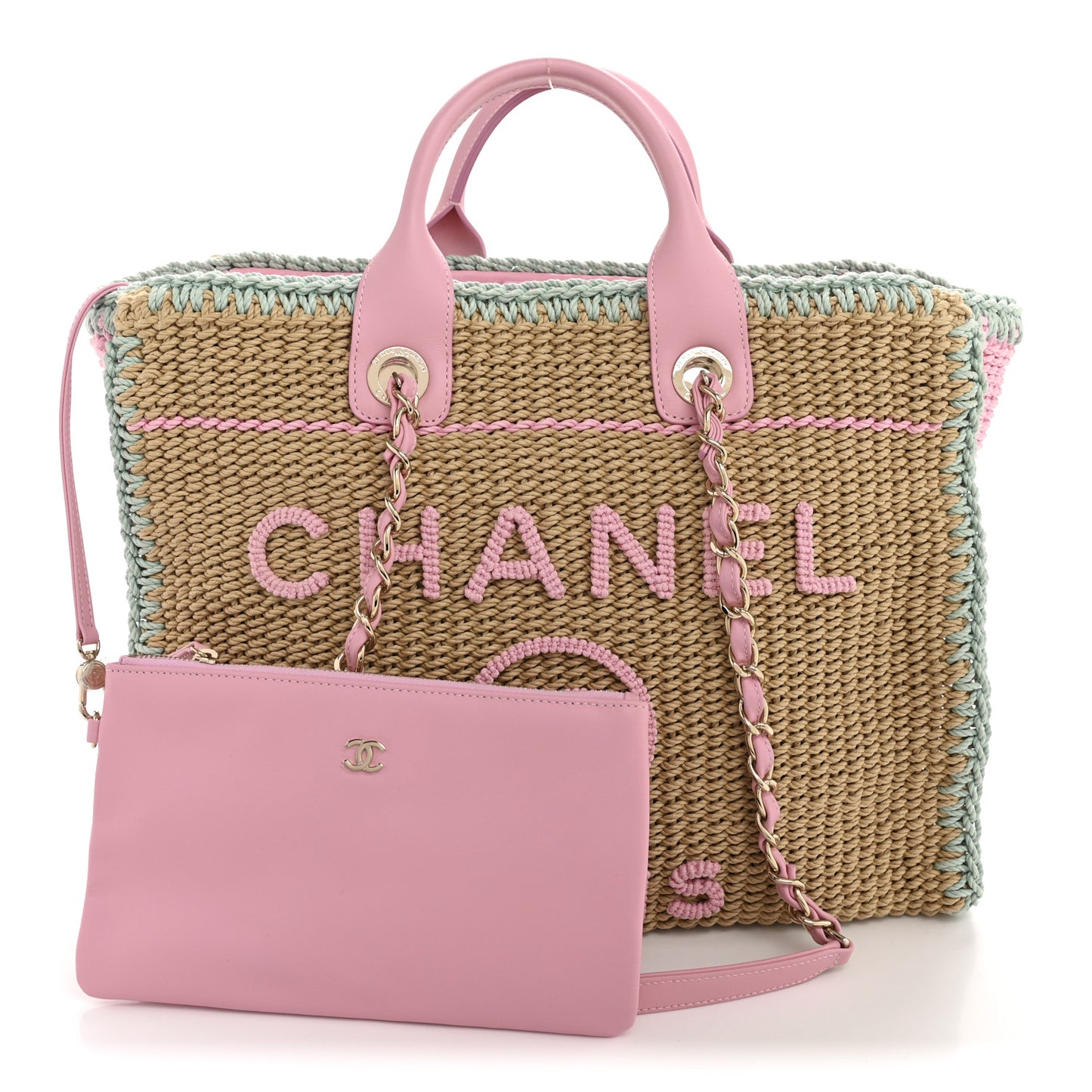 Raffia Crochet Medium Deauville Tote Beige Light Pink Green