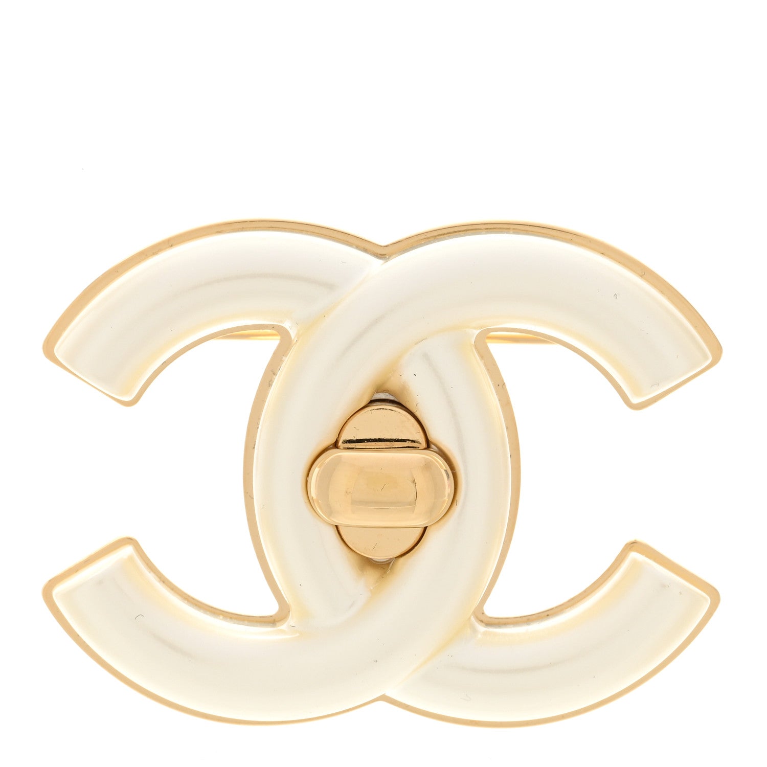 Chanel Resin CC Turnlock Brooch Gold Pearly White 1 of 5
