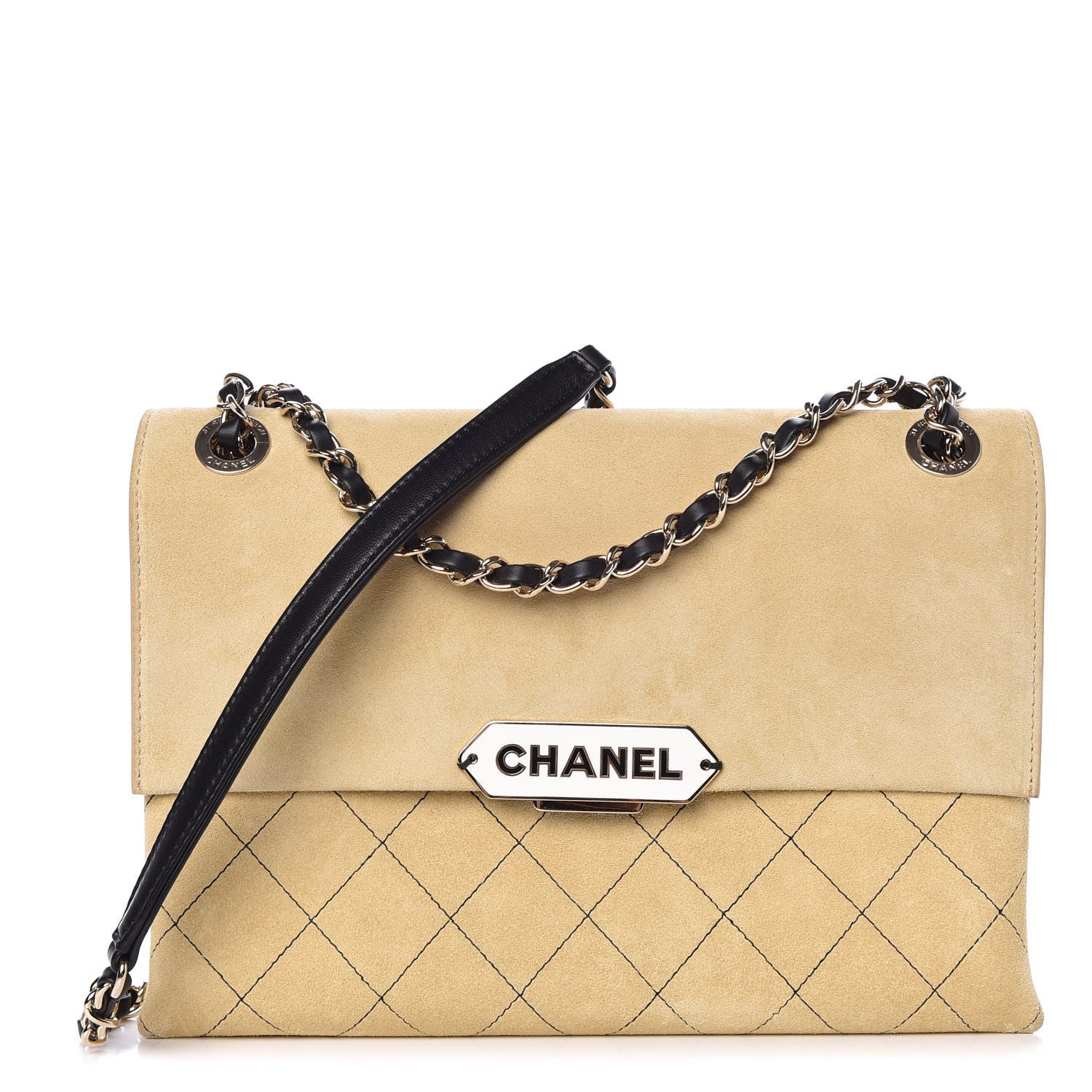 Chanel Suede Quilted Retro Label Flap Bag Beige Black 1 of 10