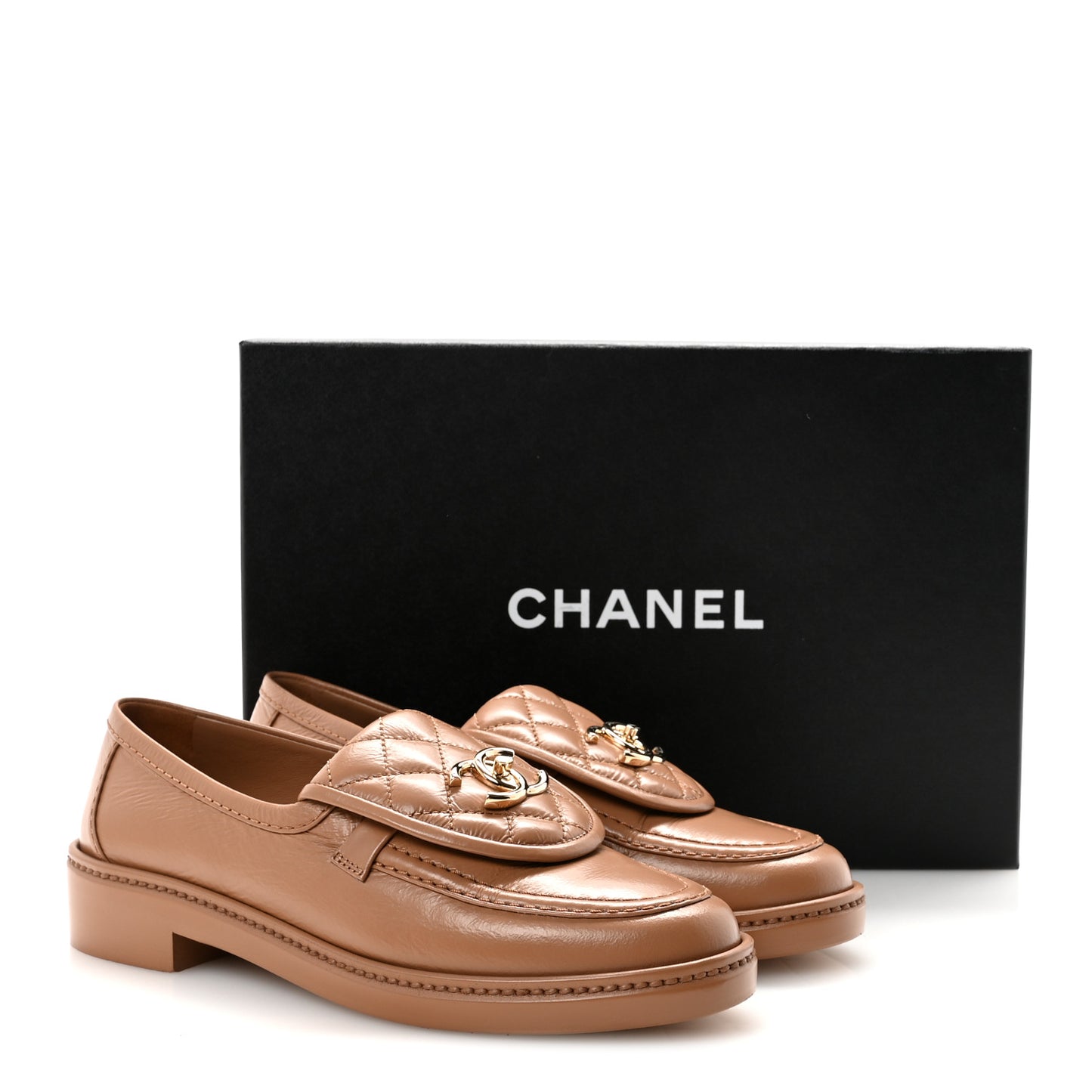 Crumpled Lambskin Quilted CC Turnlock Moccasins 37 Dark Beige