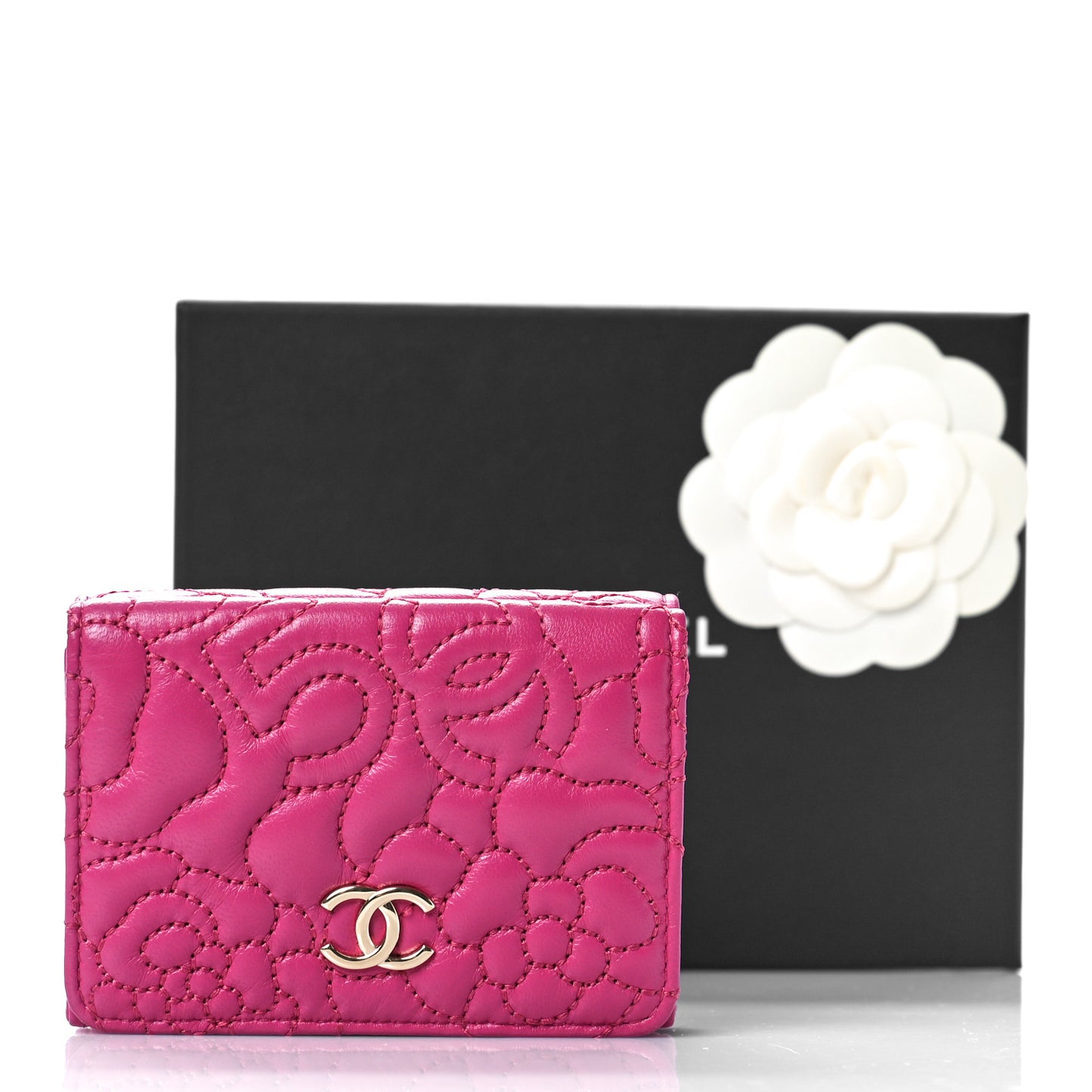 Lambskin Camellia Embossed Compact Wallet Fuchsia