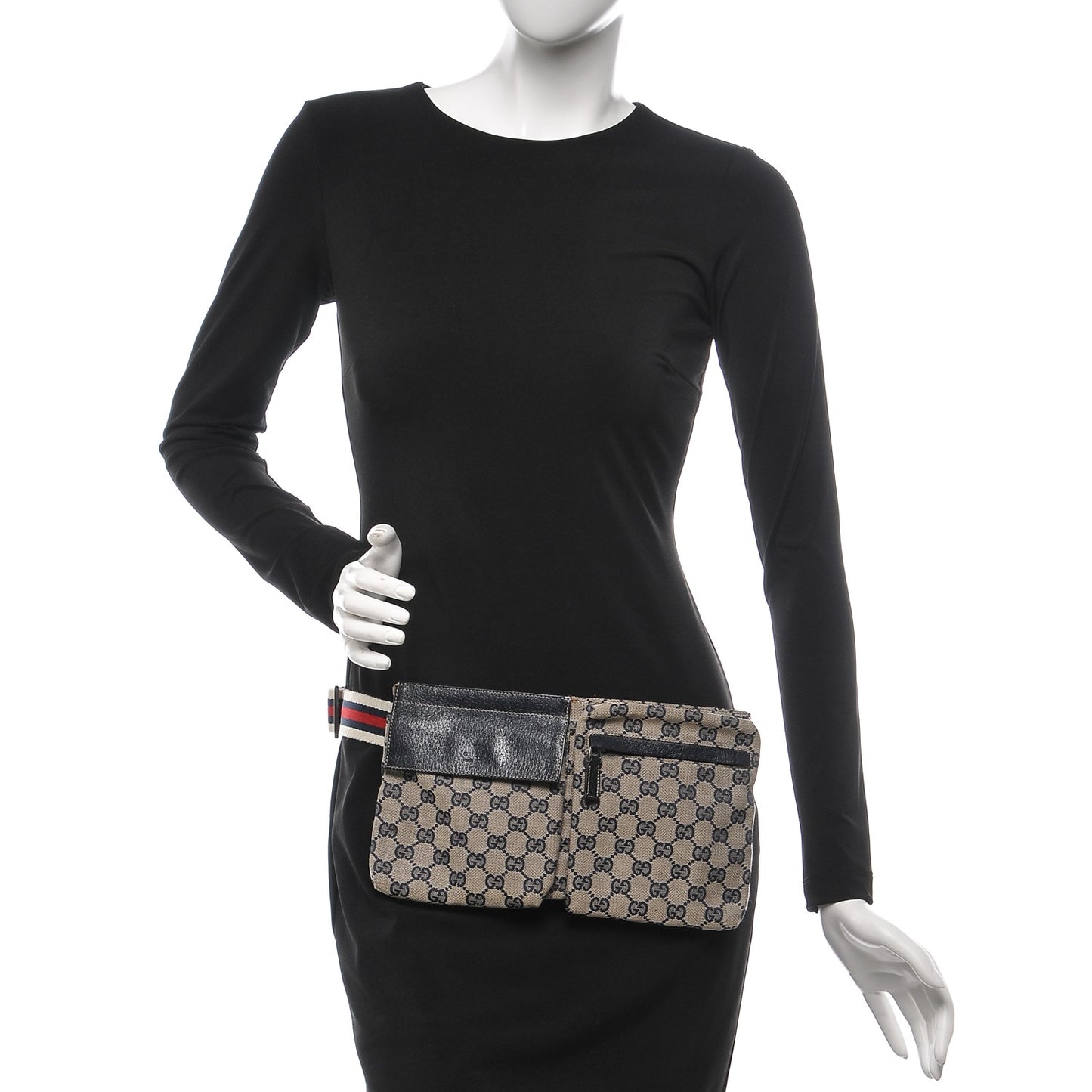GG Monogram Web Double Pocket Belt Bag Navy