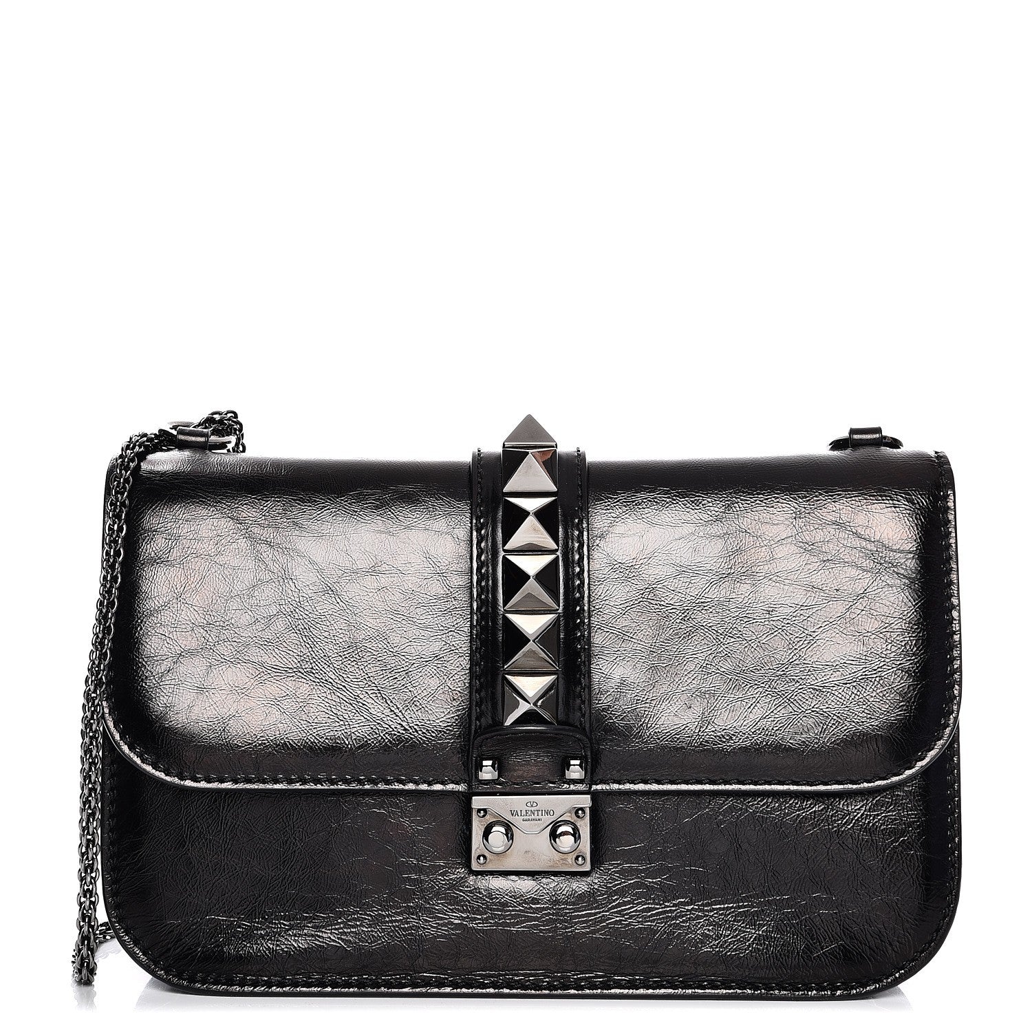 Valentino Garavani Craquele Calfskin Medium Glam Lock Rockstud Flap Black 1 of 7