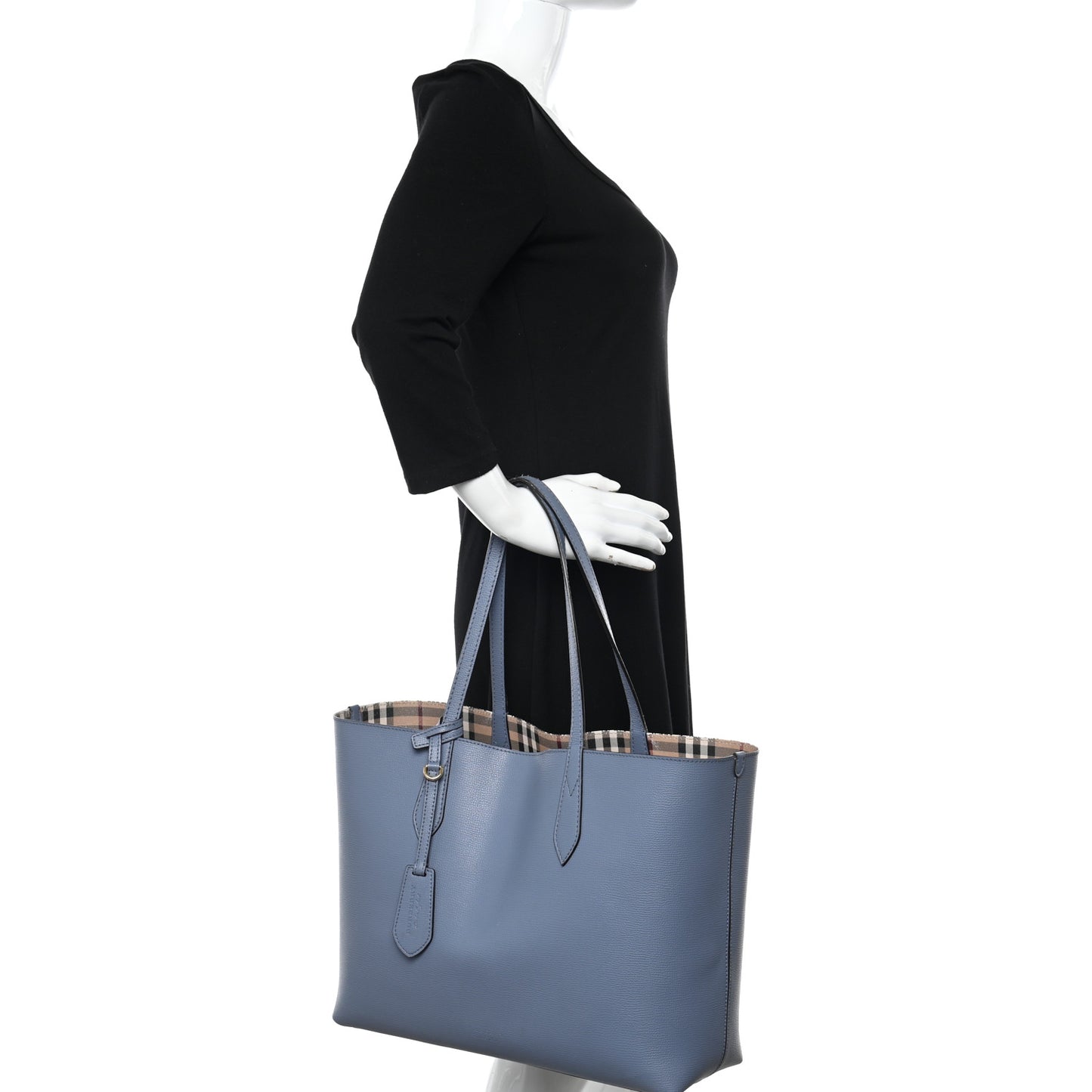 Calfskin Haymarket Check Small Reversible Tote Slate Blue