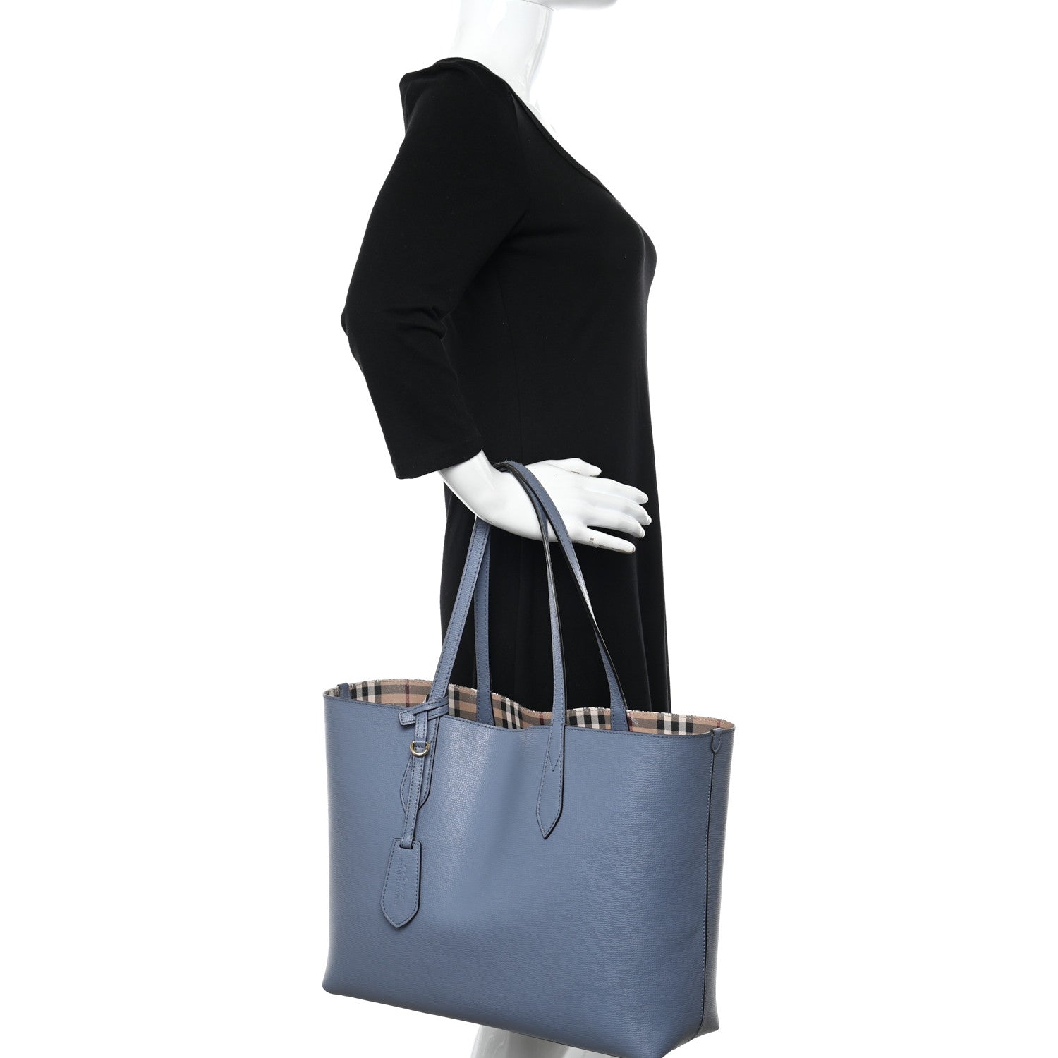 Burberry Calfskin Haymarket Check Small Reversible Tote Slate Blue 2 of 20