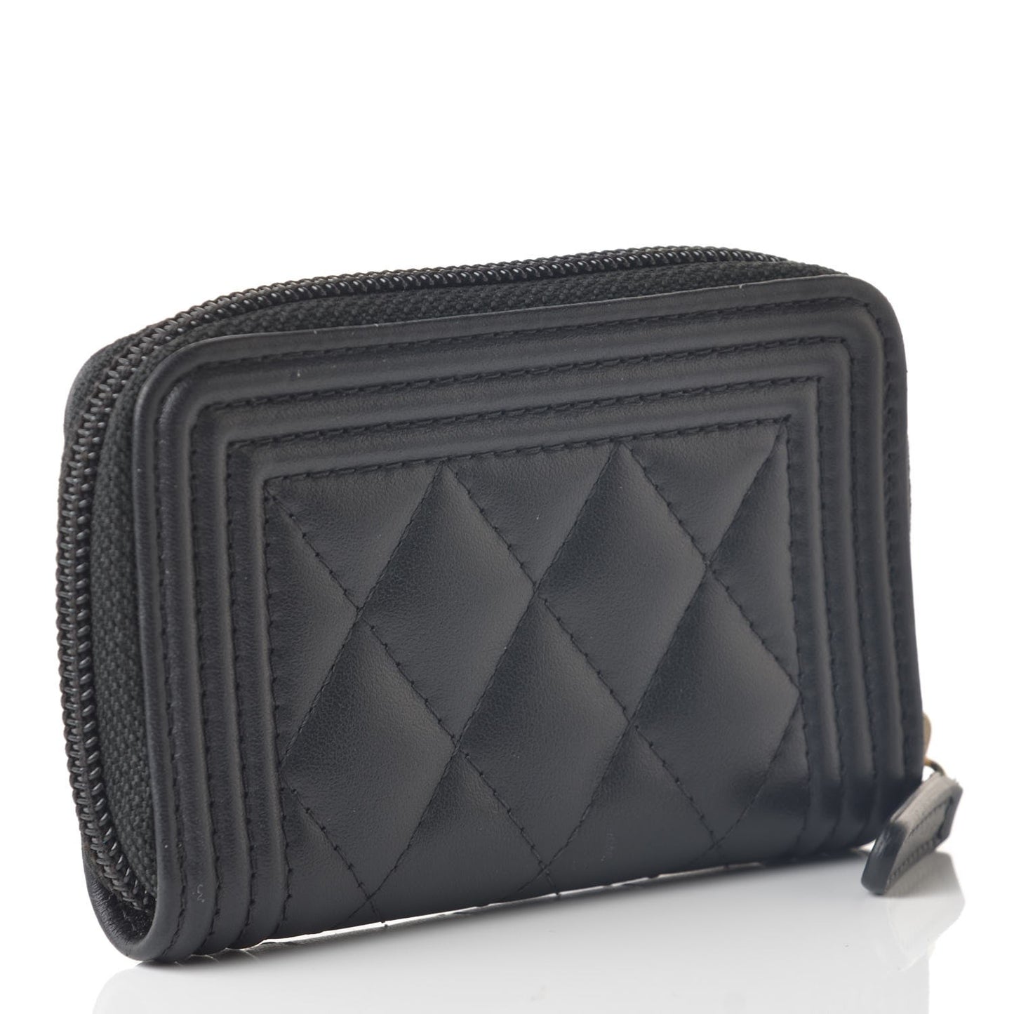 Lambskin Quilted Zip Around Boy Coin Purse Wallet Black
