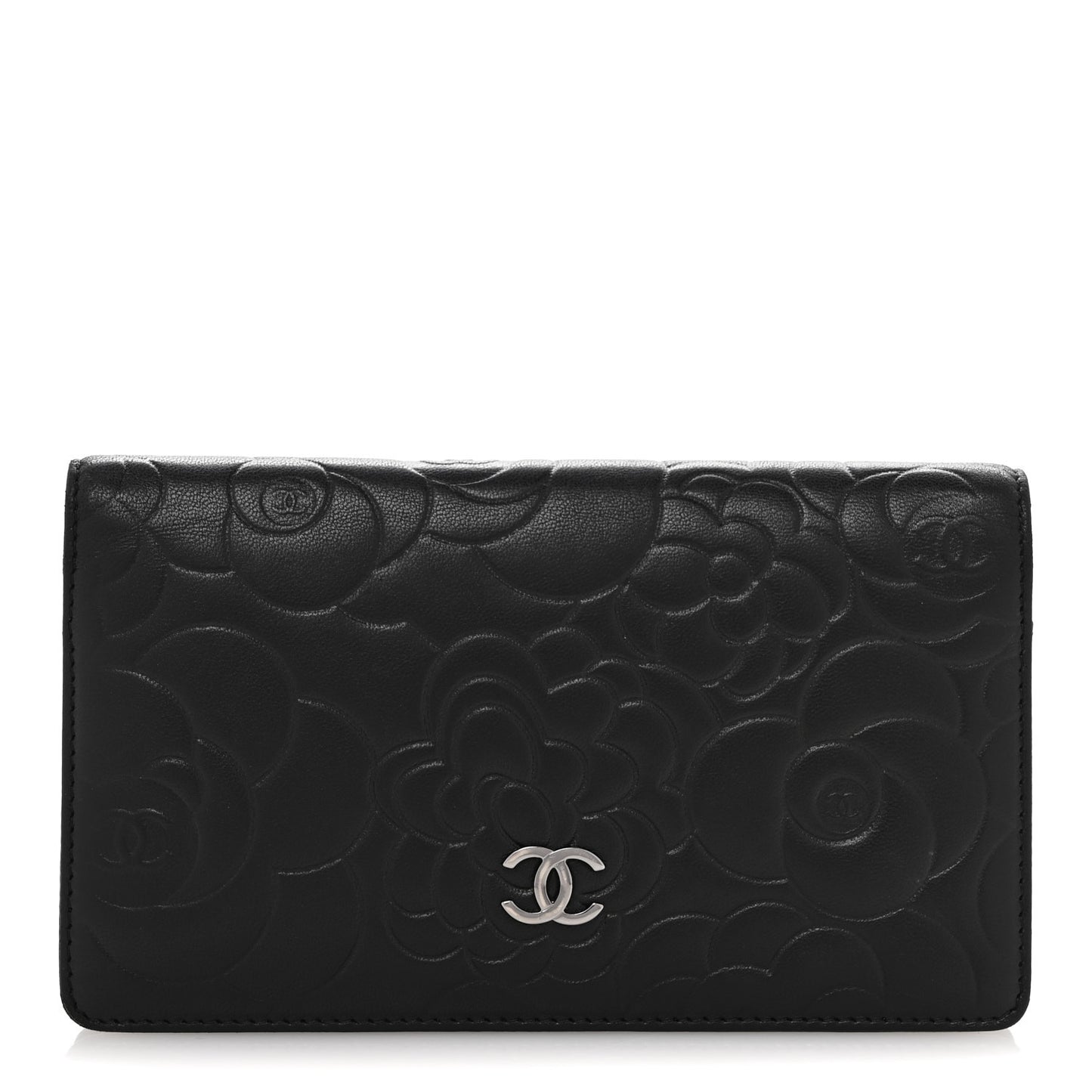 Lambskin Camellia Embossed Yen Wallet Black