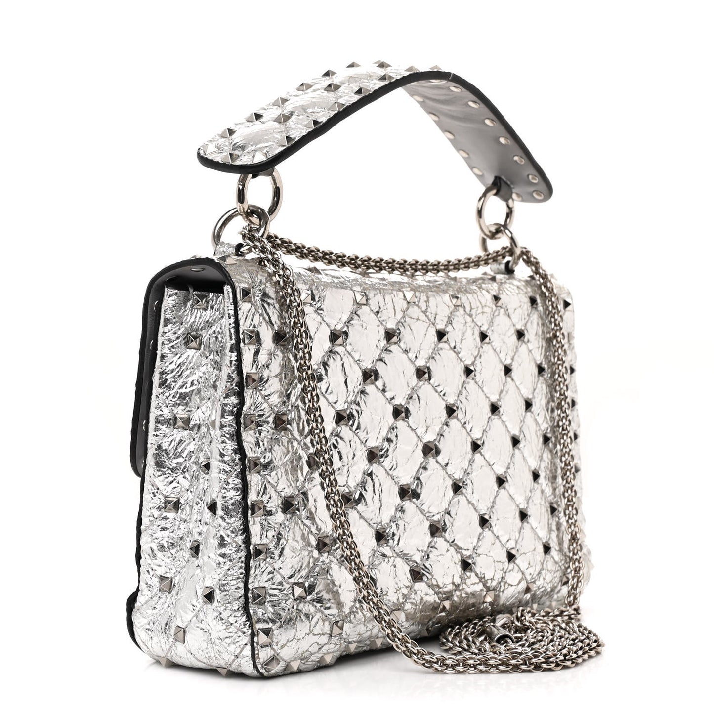Metallic Craquele Nappa Medium Rockstud Spike Shoulder Bag Silver