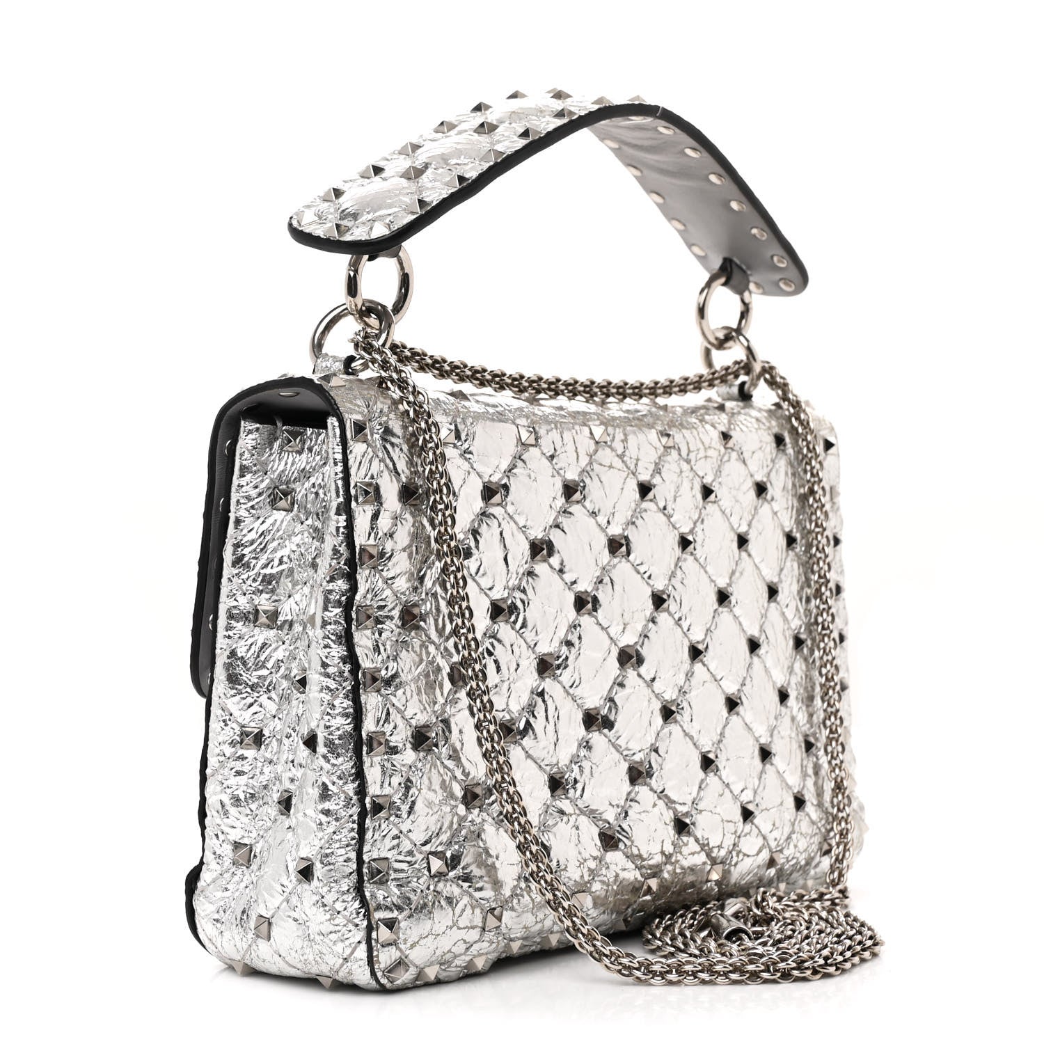 Valentino Garavani Metallic Craquele Nappa Medium Rockstud Spike Shoulder Bag Silver 3 of 13