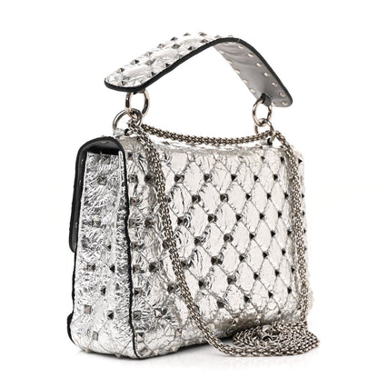 Valentino Garavani Metallic Craquele Nappa Medium Rockstud Spike Shoulder Bag Silver 3 of 13