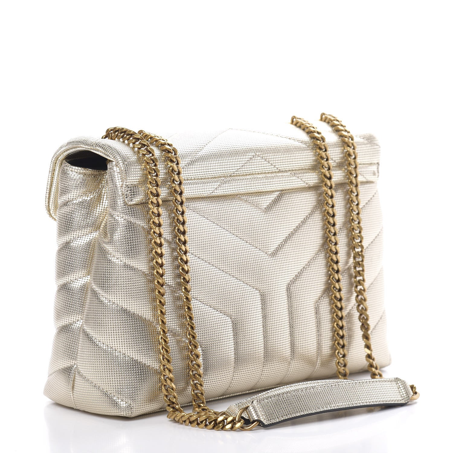 Saint Laurent Metallic Calfskin Y Quilted Small Loulou Monogram Chain Satchel Platino 3 of 12