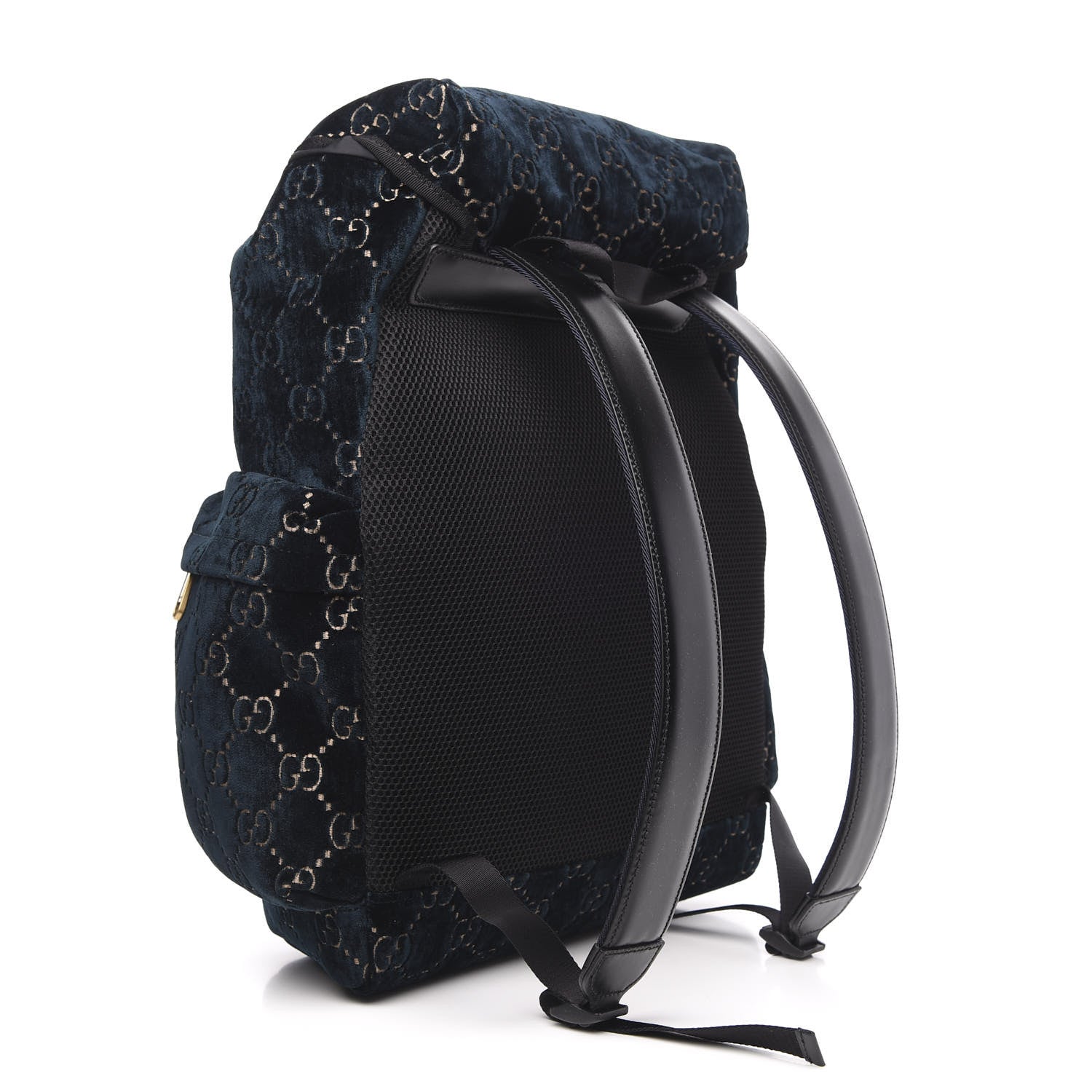 Gucci Velvet GG Monogram Web Medium Double Buckle Backpack Blue Beige Black 2 of 9