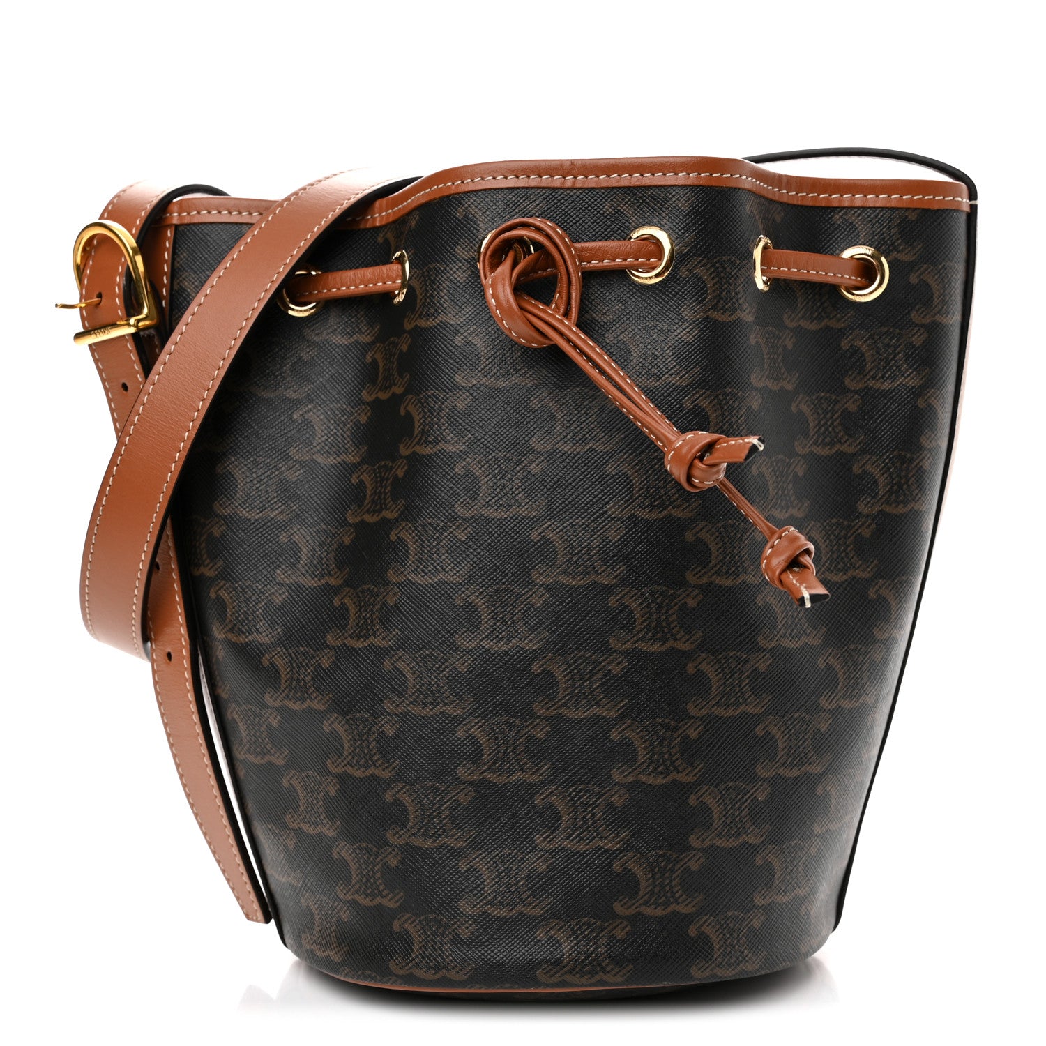 Celine Triomphe Canvas Calfskin Small Drawstring Bucket Bag Tan 1 of 10