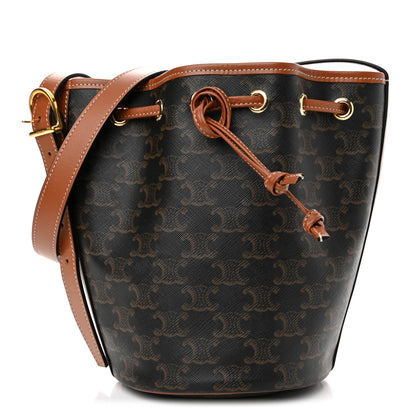 Celine Triomphe Canvas Calfskin Small Drawstring Bucket Bag Tan 1 of 10