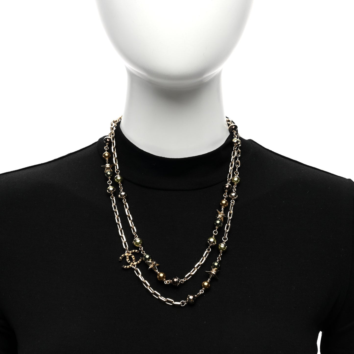 Beaded Star CC Long Necklace Green Gold
