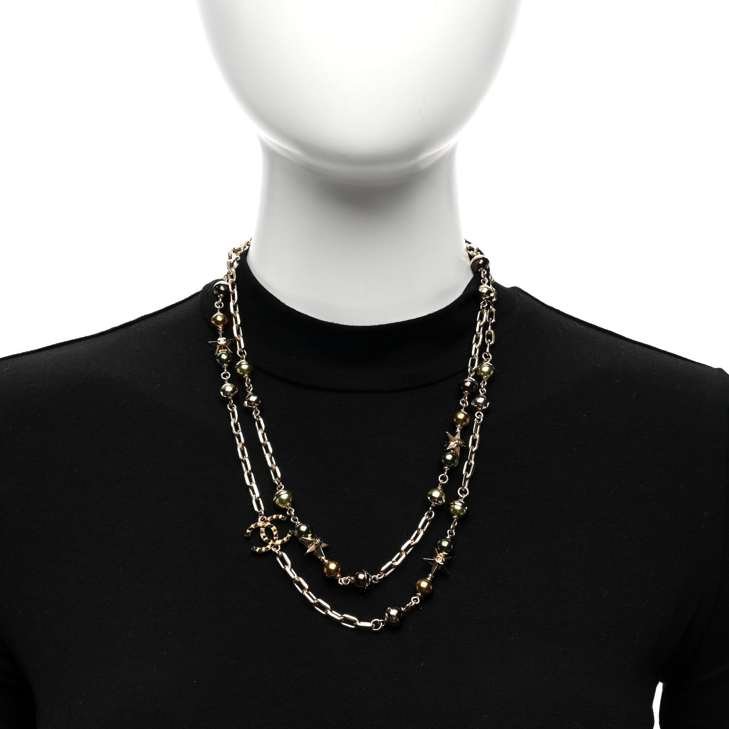 Chanel Beaded Star CC Long Necklace Green Gold 3 of 5